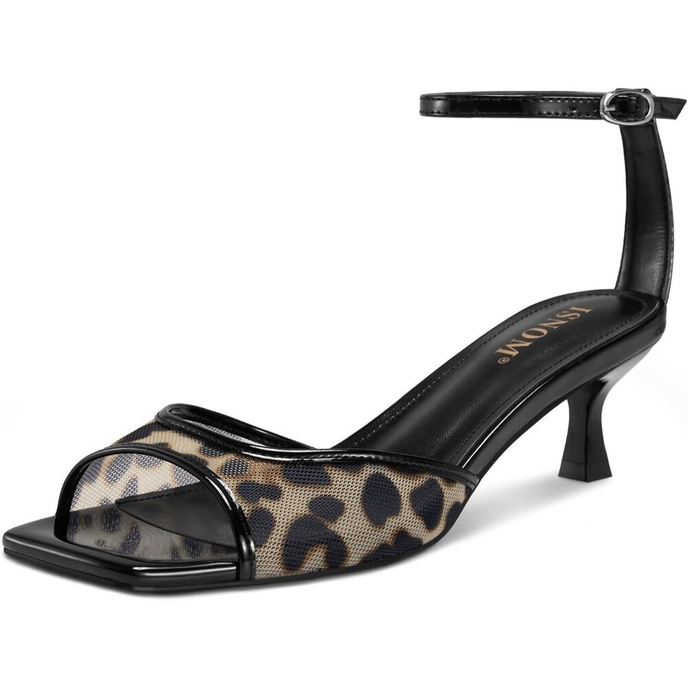 Women's Leopard Mesh Kitten Heels Sandals Square Toe Ankle Buckle Strap Low Heel